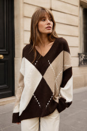 Pull maille col V motif losanges