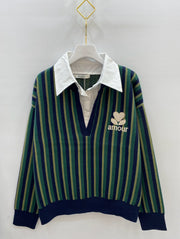 Pull rugby col chemise rayé