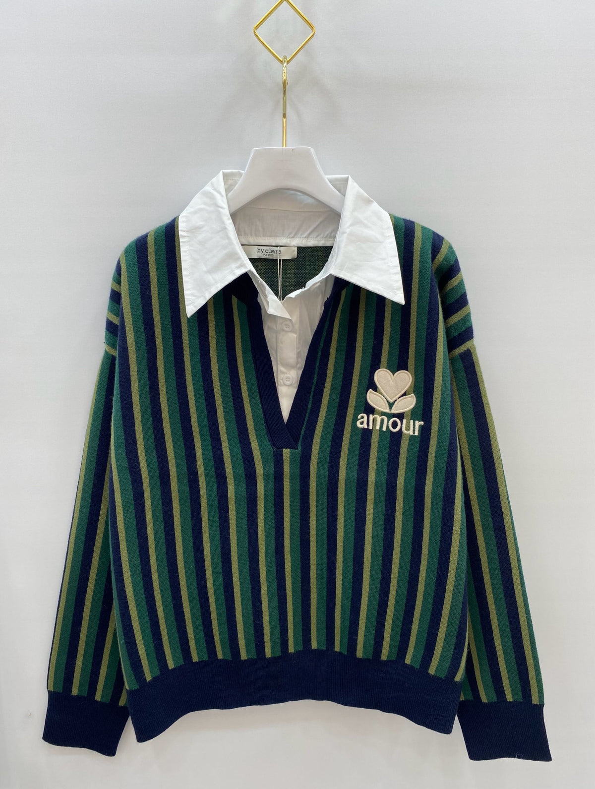 Pull rugby col chemise rayé