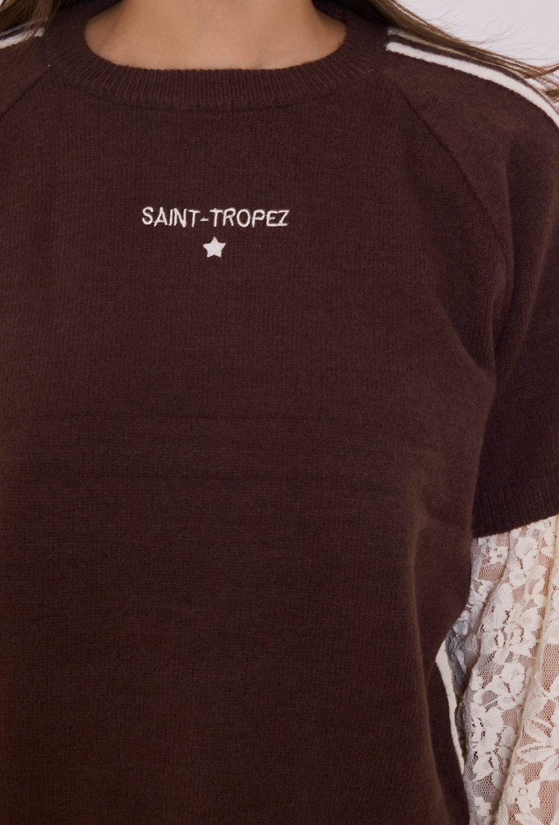 Pull femme superposition dentelle
