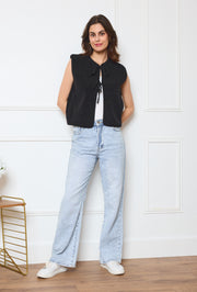 Collarless Sherpa Tie-Front Vest