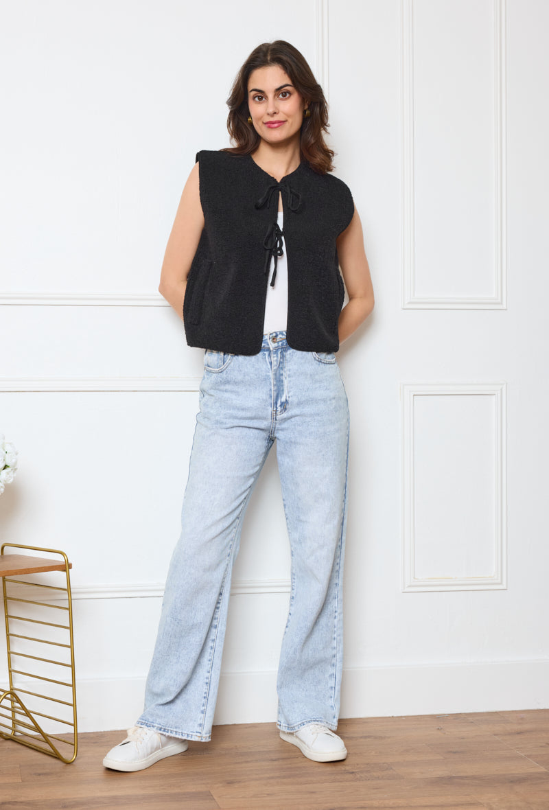 Collarless Sherpa Tie-Front Vest