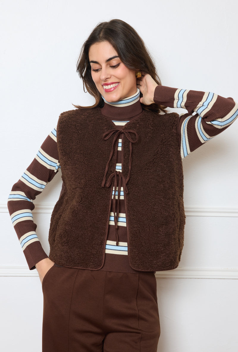 Collarless Sherpa Tie-Front Vest