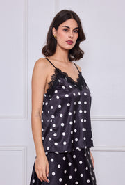 Caraco à pois en satin avec dentelle