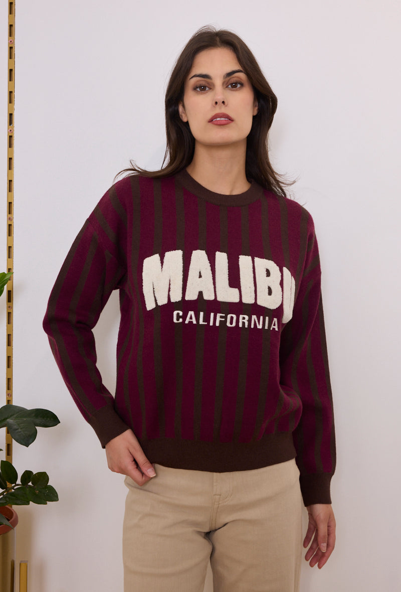 Pull maille rayé inscription bouclette