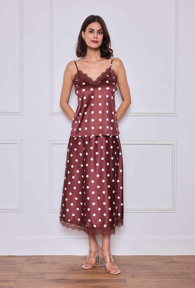 Caraco à pois en satin avec dentelle