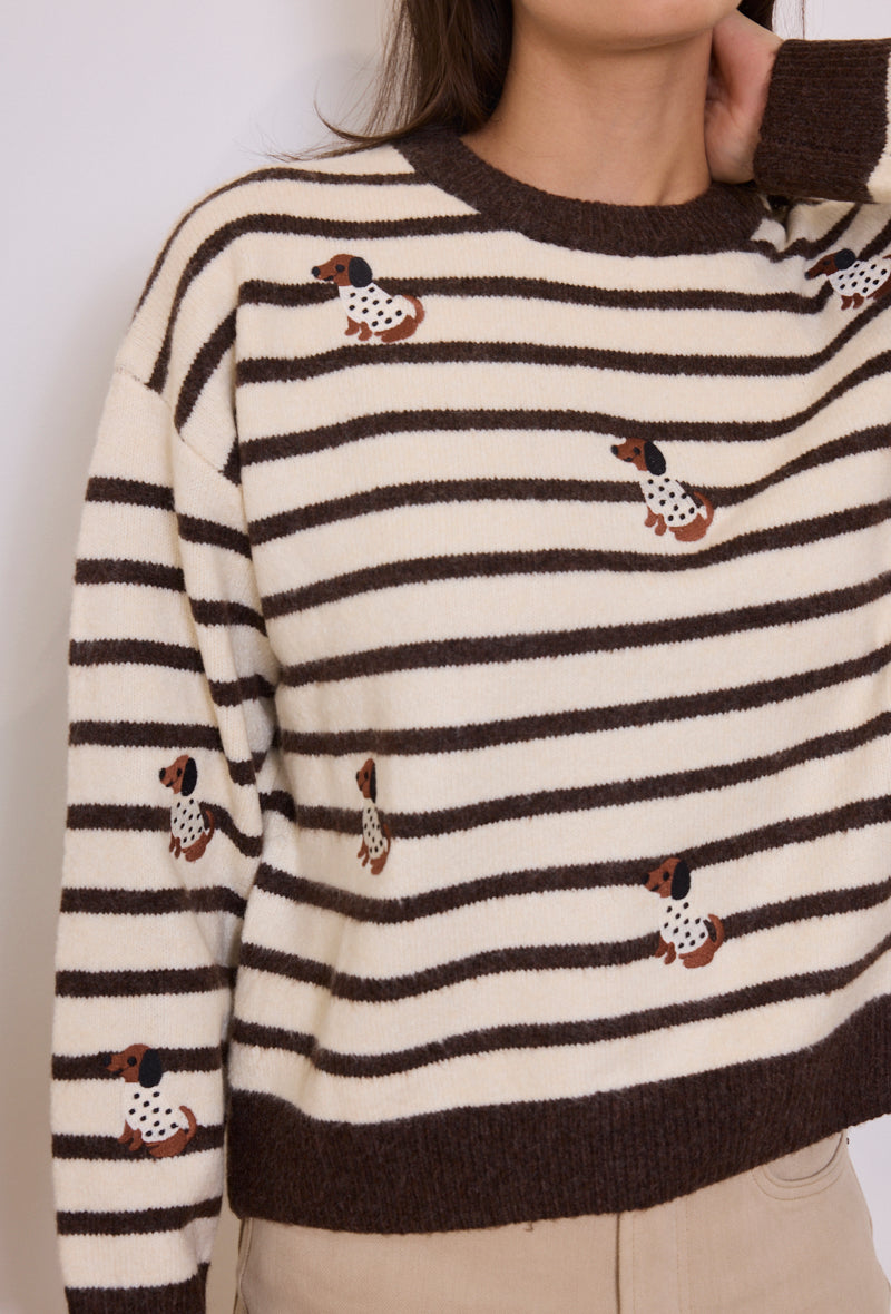 Pull marinière chien brodé