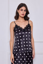 Caraco à pois en satin avec dentelle