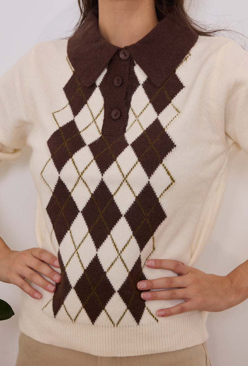 Pull maille col polo argyle