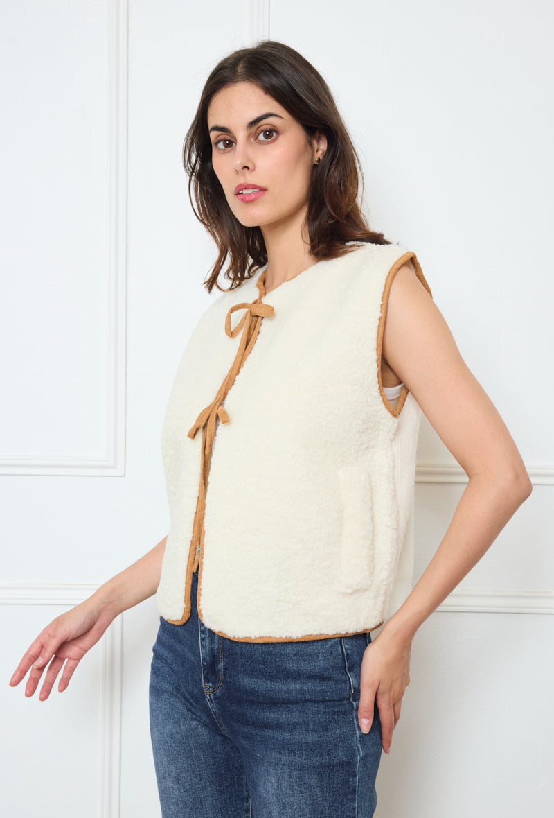 Collarless Sherpa Tie-Front Vest