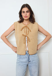 Collarless Sherpa Tie-Front Vest