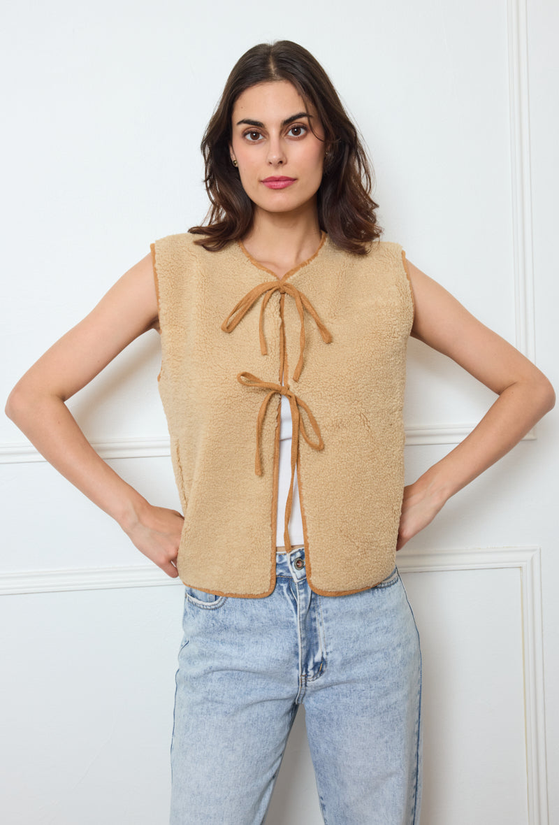 Collarless Sherpa Tie-Front Vest