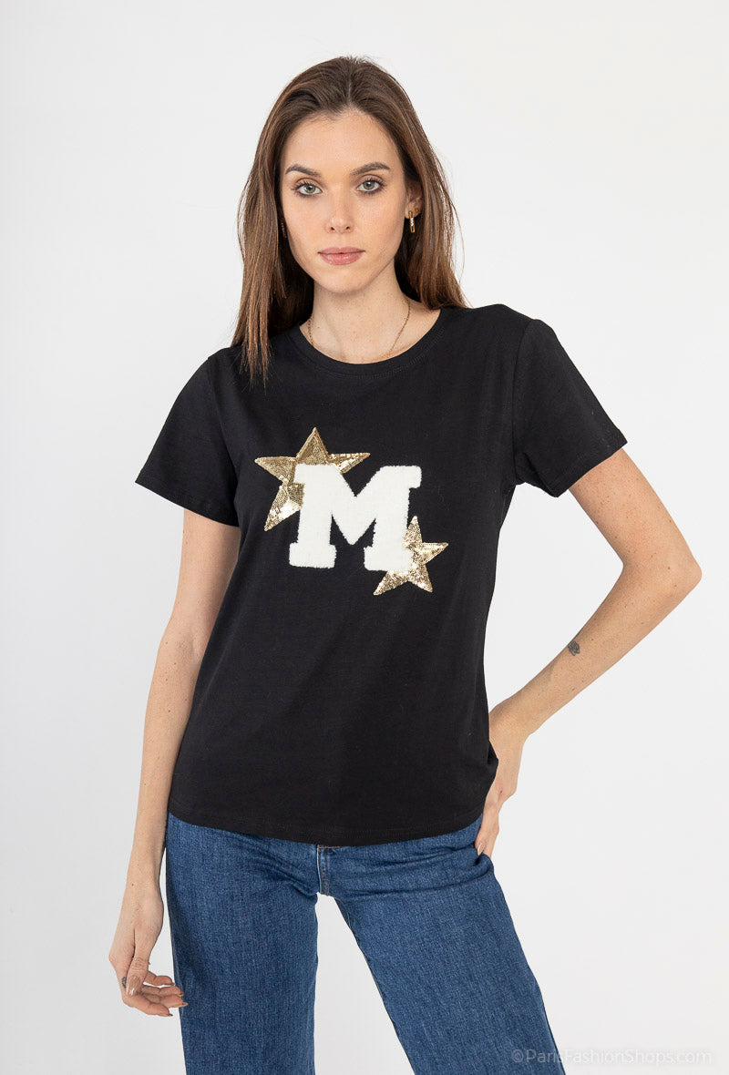 T-shirt femme lettre M étoiles