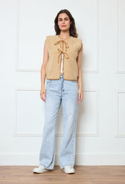 Collarless Sherpa Tie-Front Vest