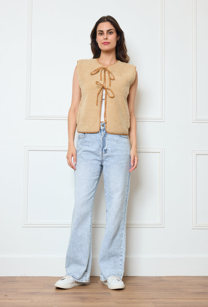 Collarless Sherpa Tie-Front Vest