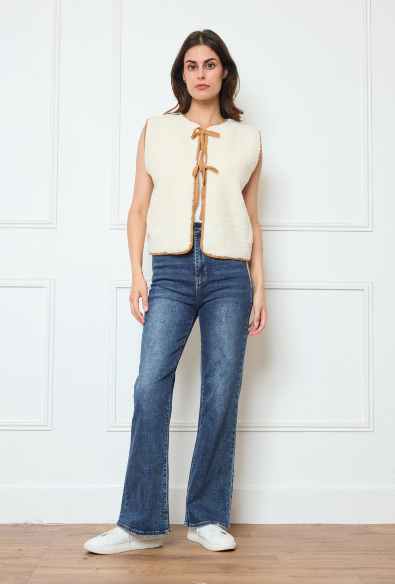 Collarless Sherpa Tie-Front Vest