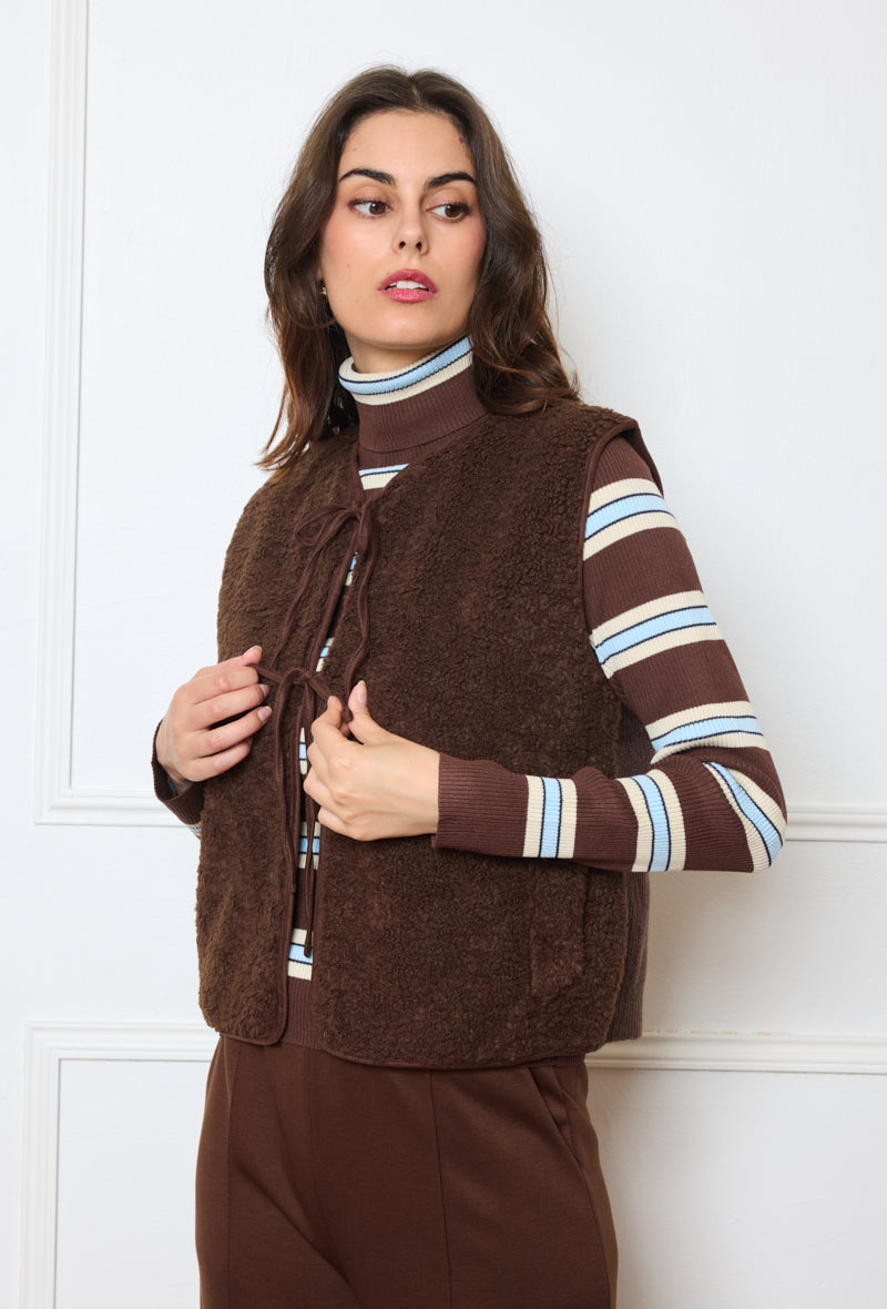 Collarless Sherpa Tie-Front Vest