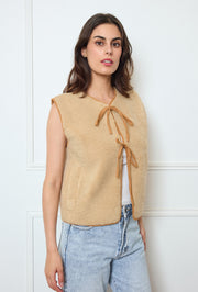 Collarless Sherpa Tie-Front Vest
