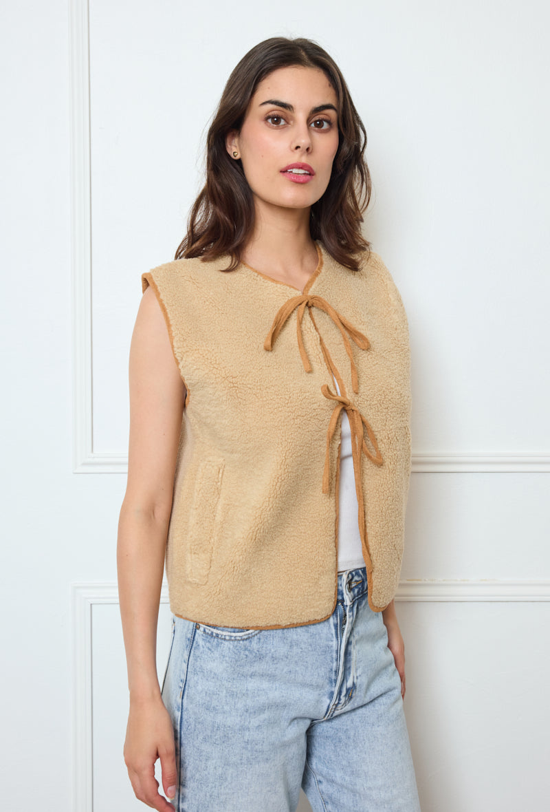 Collarless Sherpa Tie-Front Vest