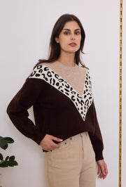 Pull maille V imprimé léopard