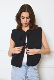 Collarless Sherpa Tie-Front Vest