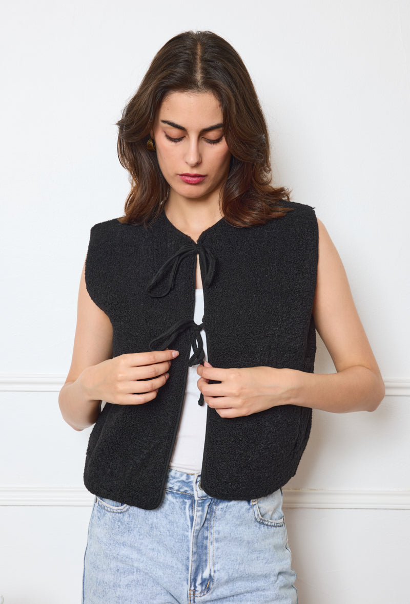 Collarless Sherpa Tie-Front Vest