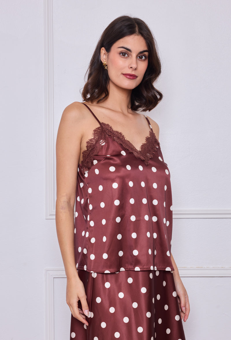 Caraco à pois en satin avec dentelle