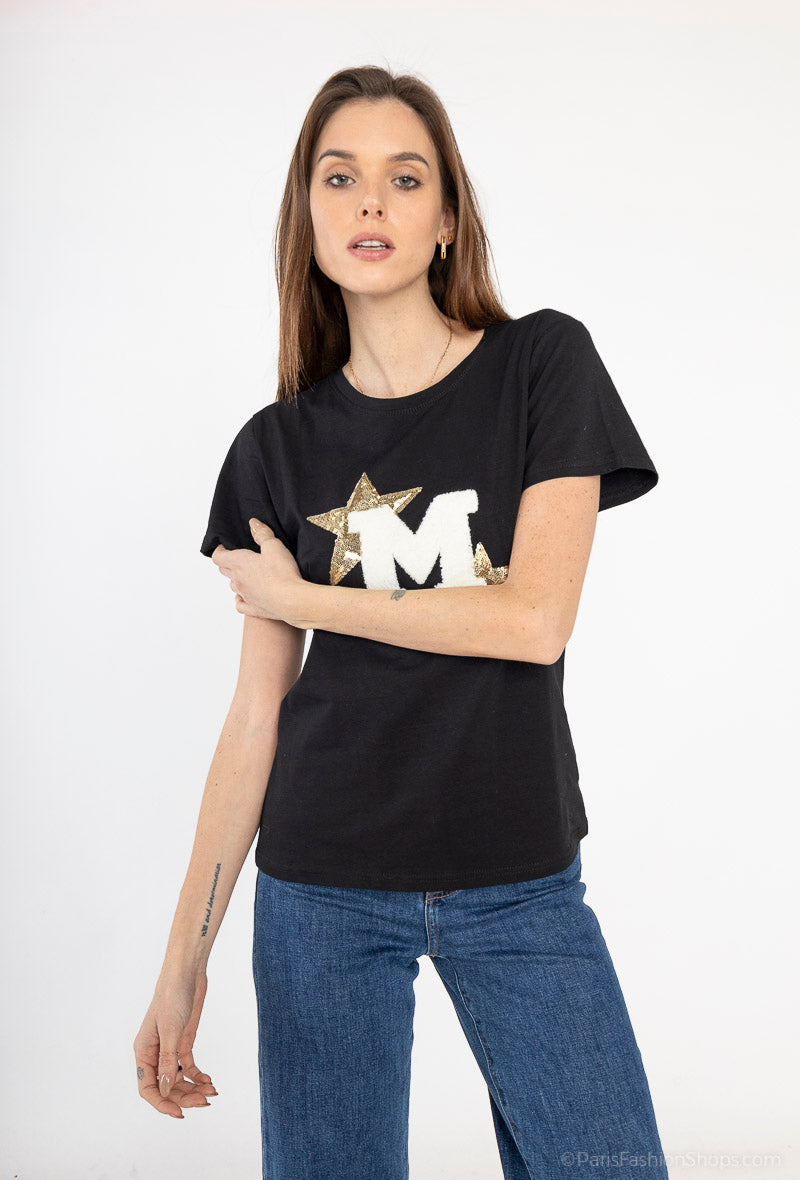T-shirt femme lettre M étoiles