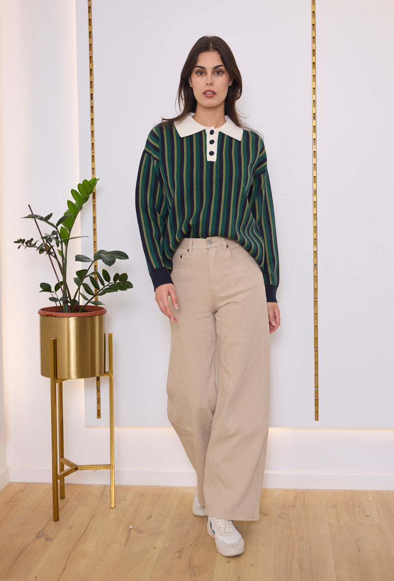 Pull col polo maille rayé