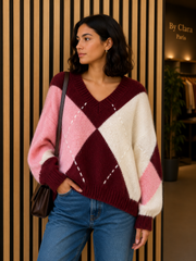 Pull maille col V motif losanges