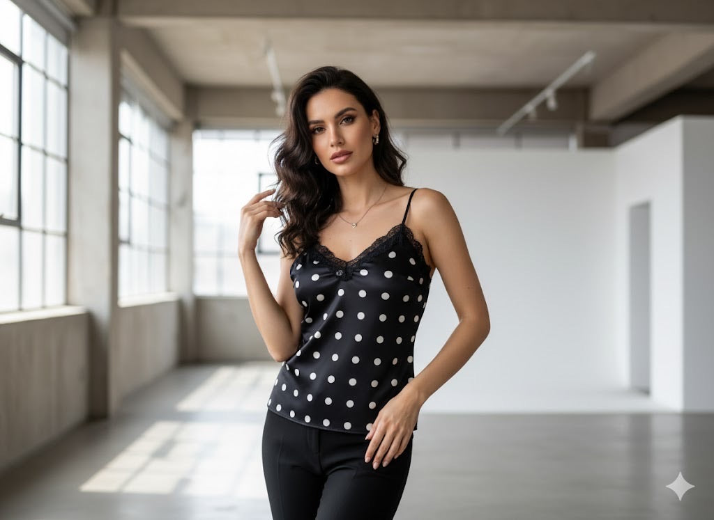 Caraco à pois en satin avec dentelle