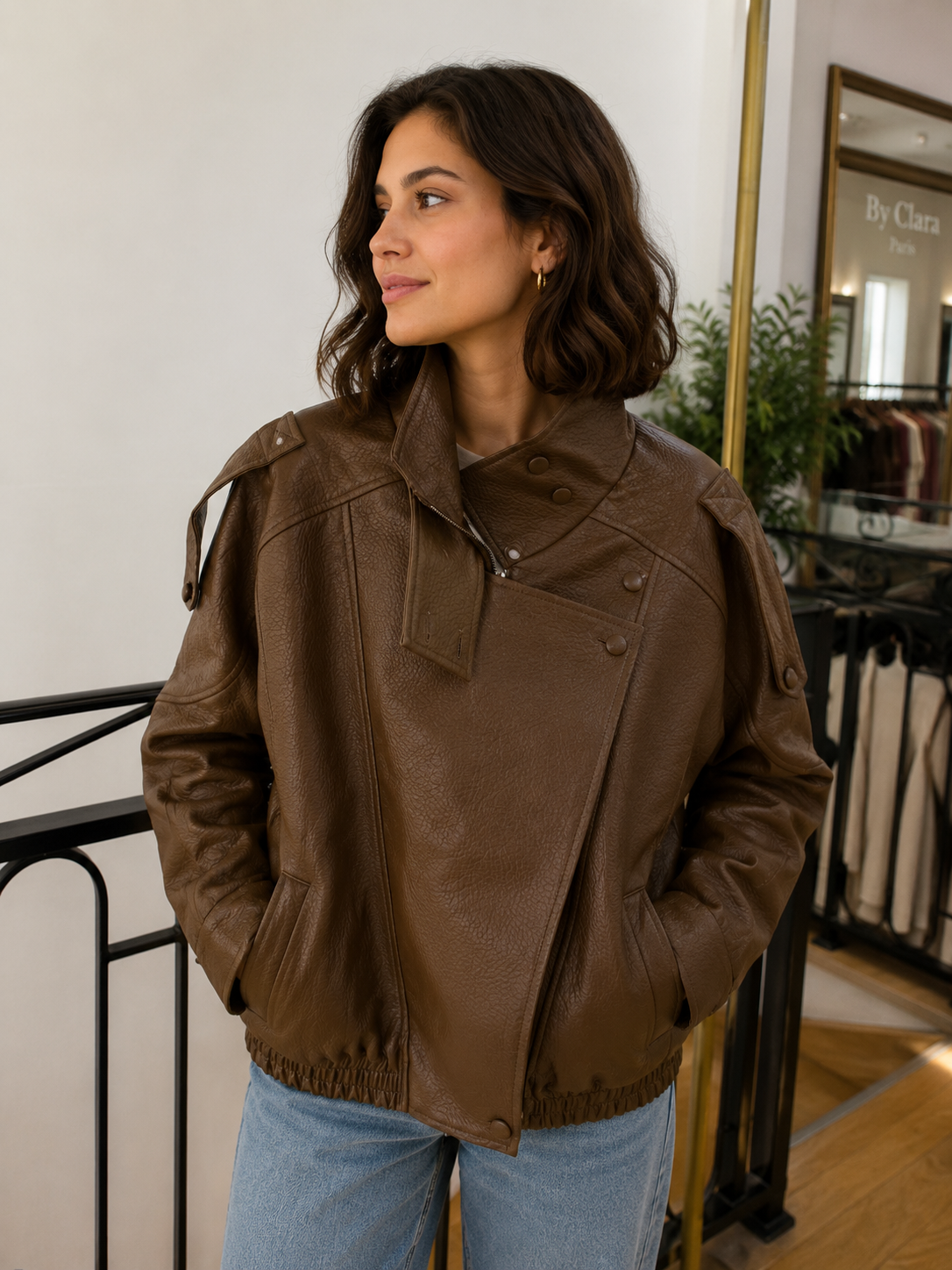 Veste effet cuir col montant