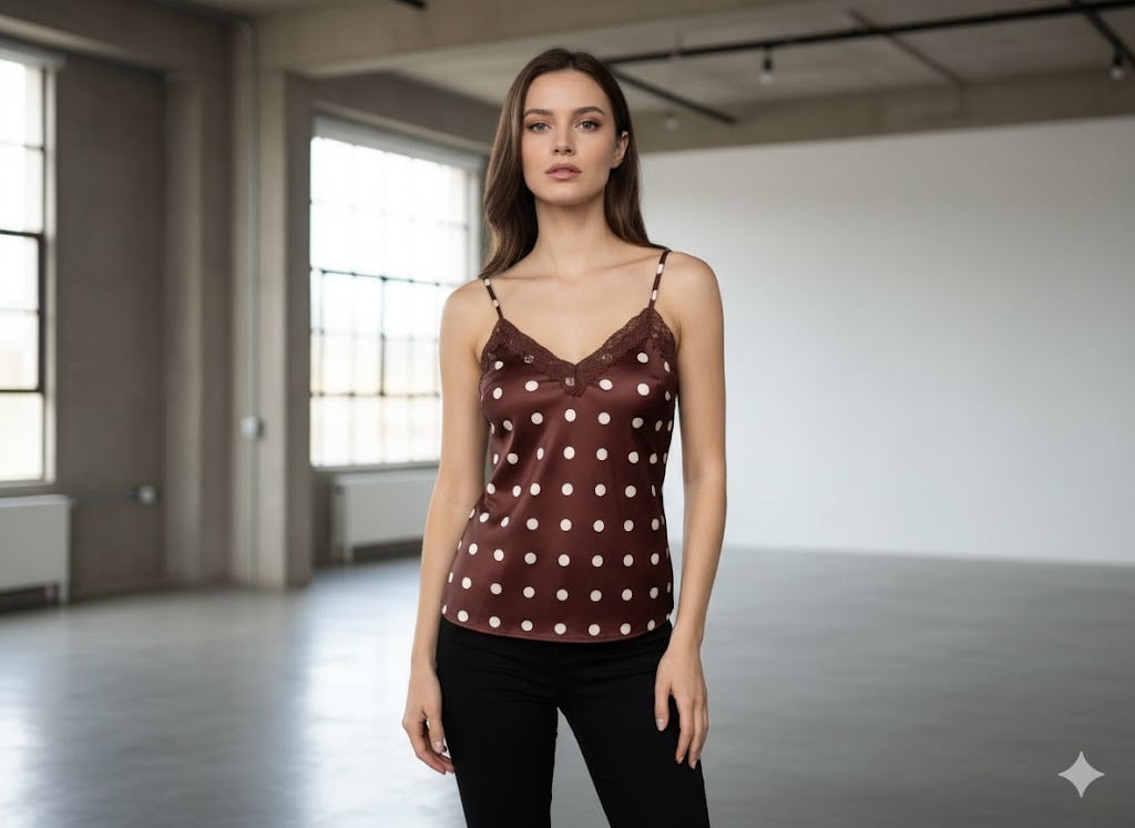 Caraco à pois en satin avec dentelle