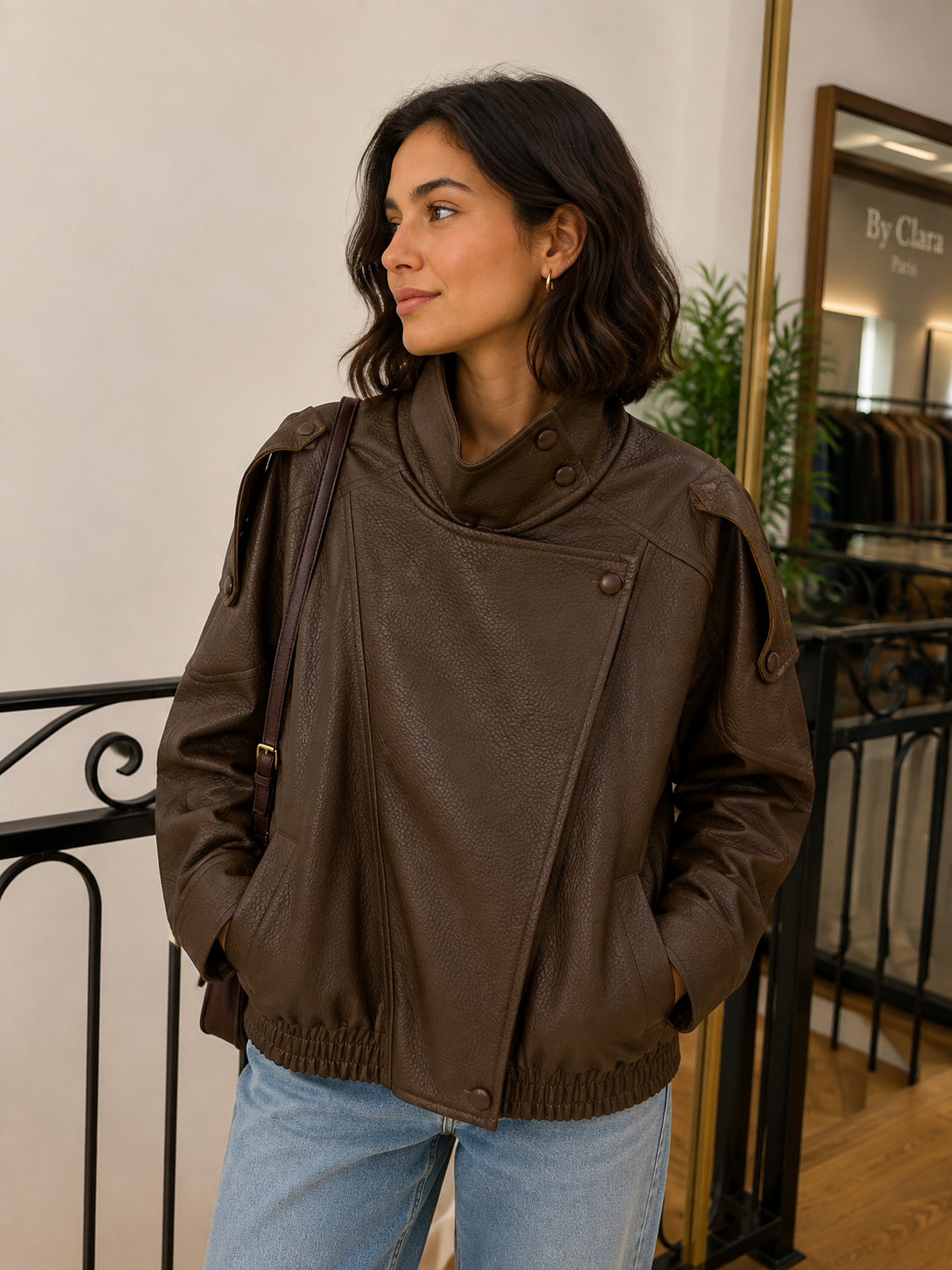 Veste effet cuir col montant