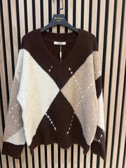 Pull maille col V motif losanges