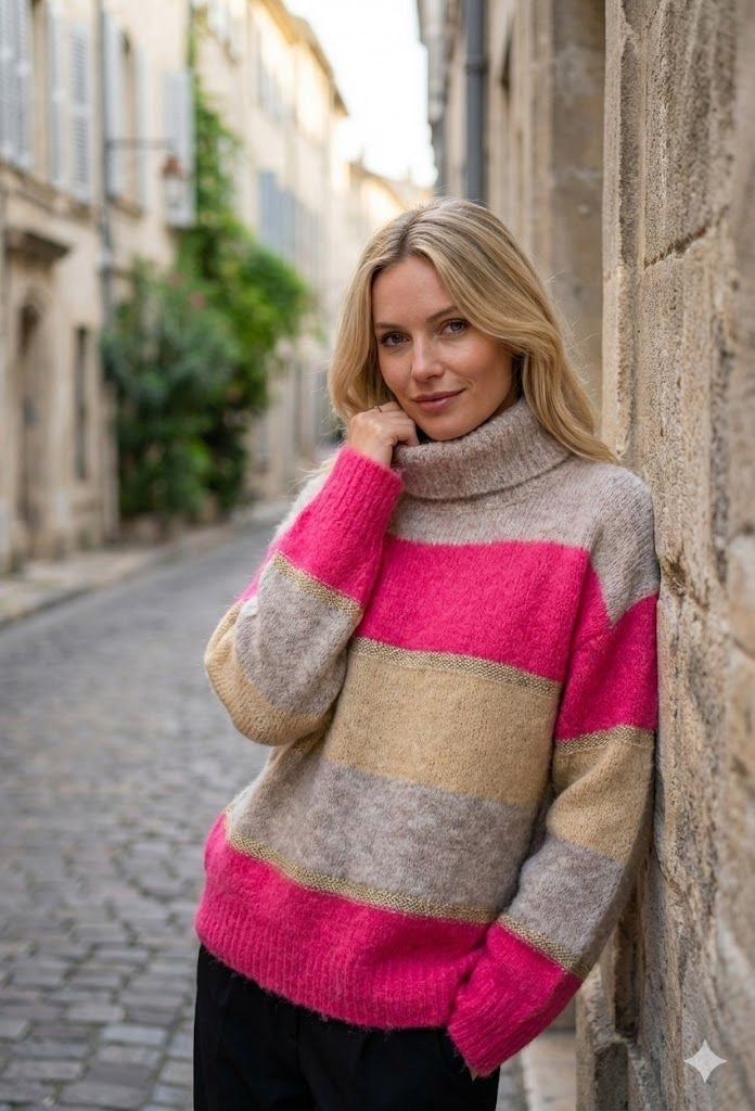 PULL COL ROULÉ MAILLE RAYURES