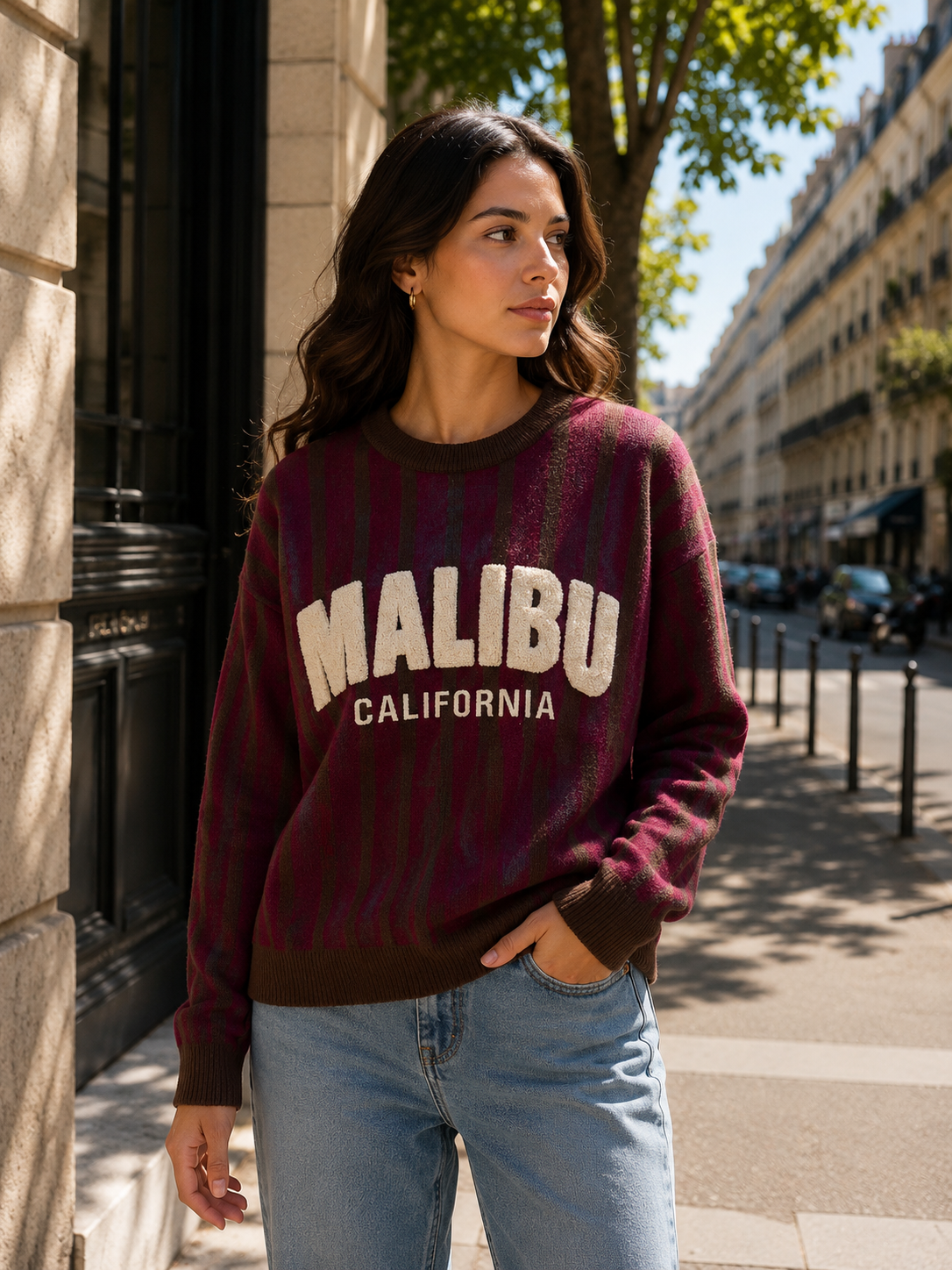 Pull maille rayé inscription bouclette