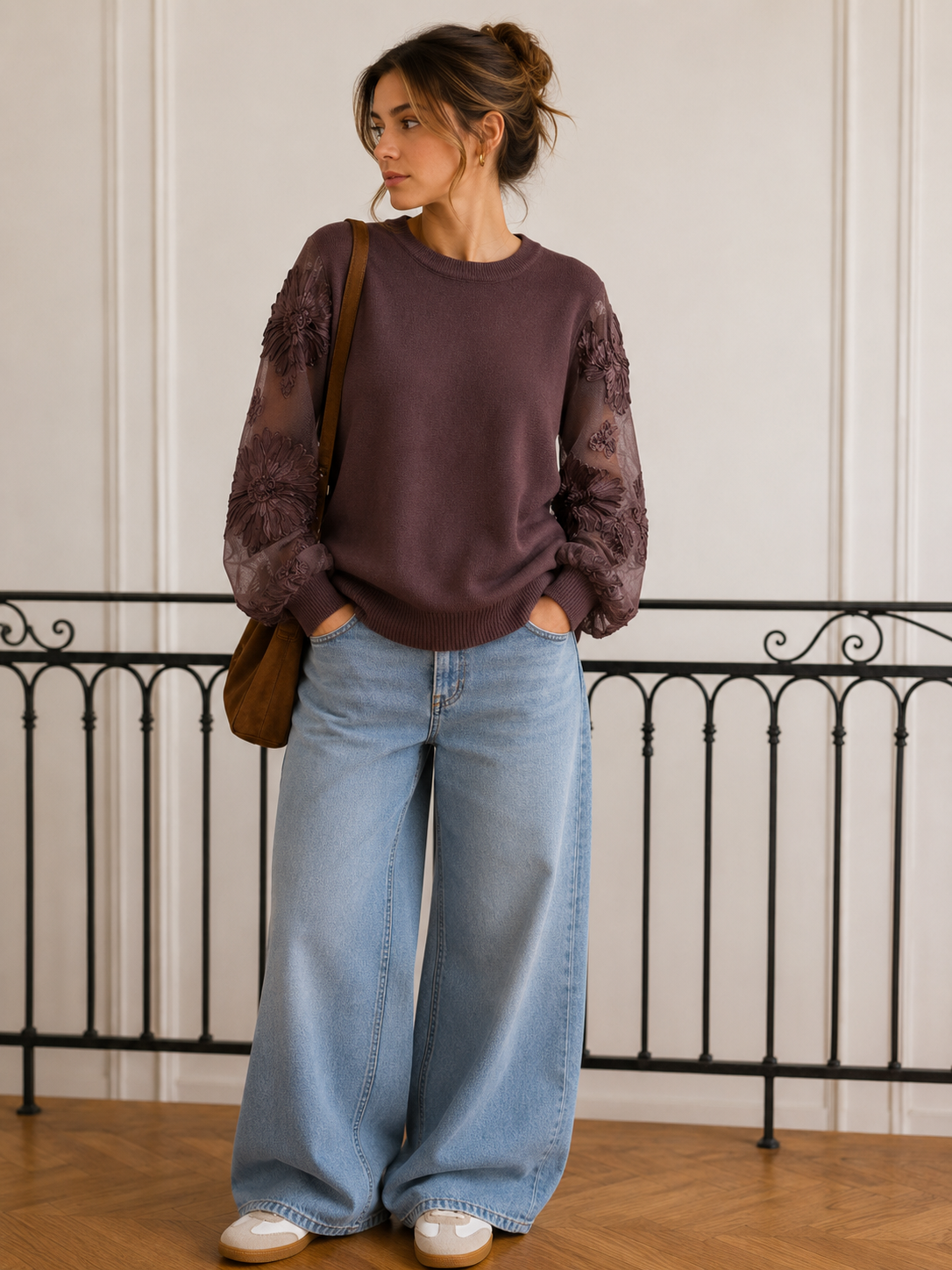Pull manches transparentes fleuries
