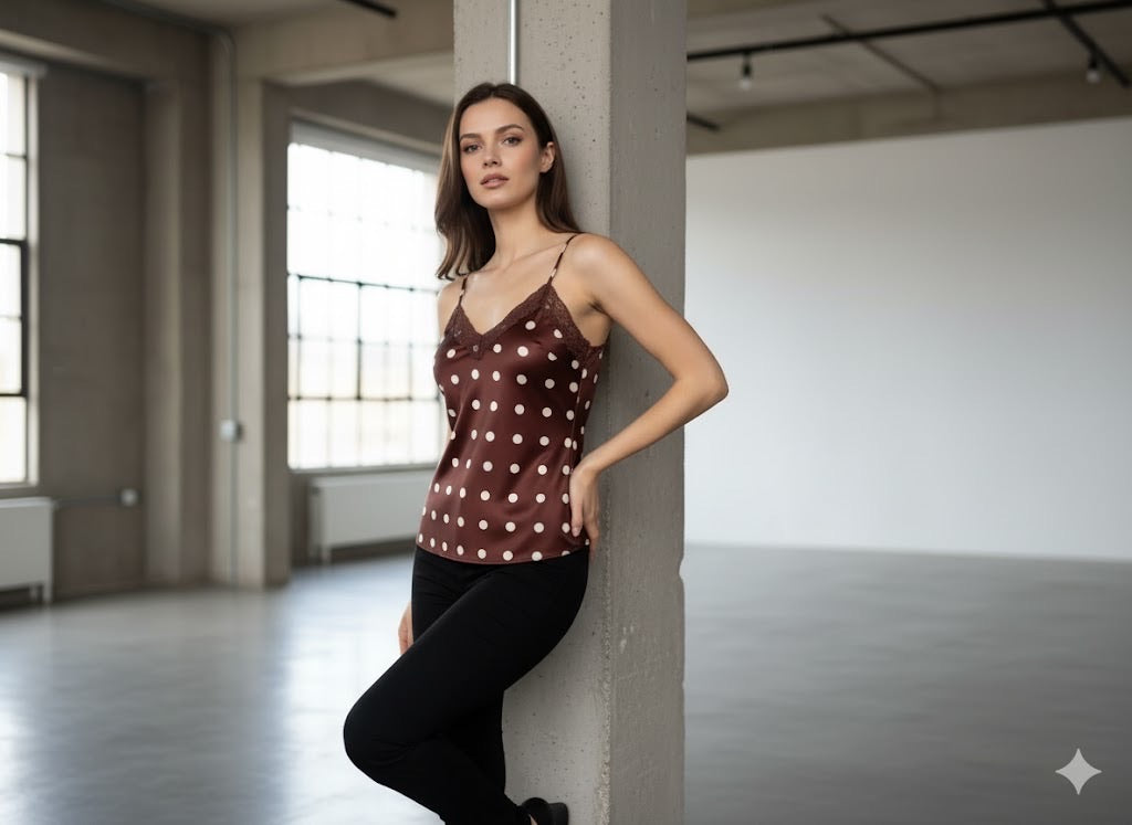 Caraco à pois en satin avec dentelle