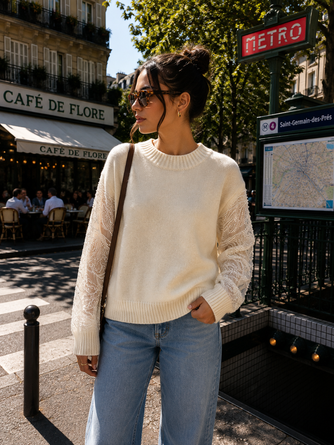 Pull maille et tulle brodé