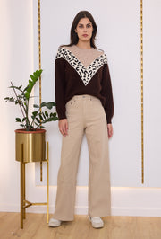 Pull maille V imprimé léopard
