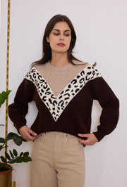 Pull maille V imprimé léopard