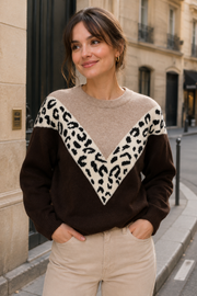 Pull maille V imprimé léopard