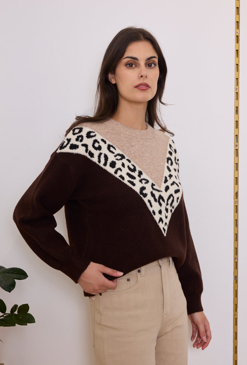 Pull maille V imprimé léopard