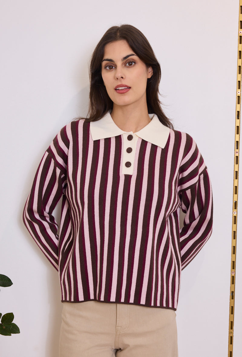 Pull col polo maille rayé