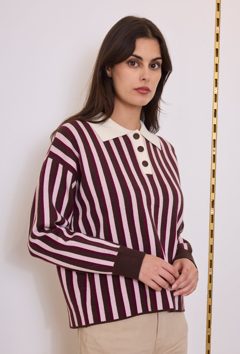 Pull col polo maille rayé