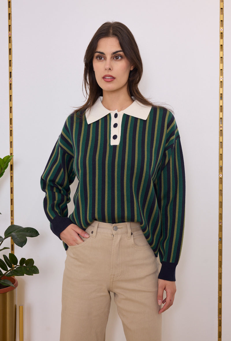 Pull col polo maille rayé