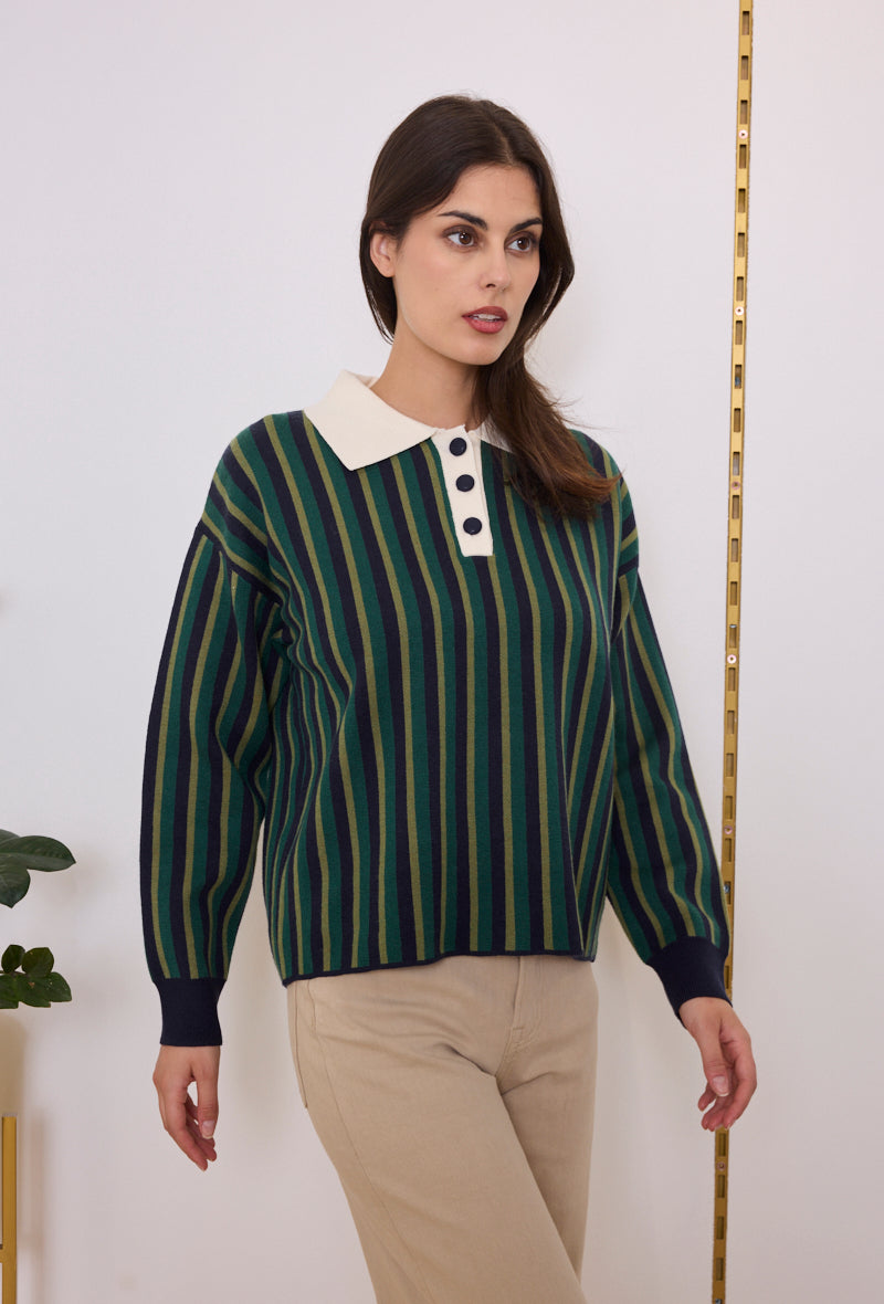 Pull col polo maille rayé