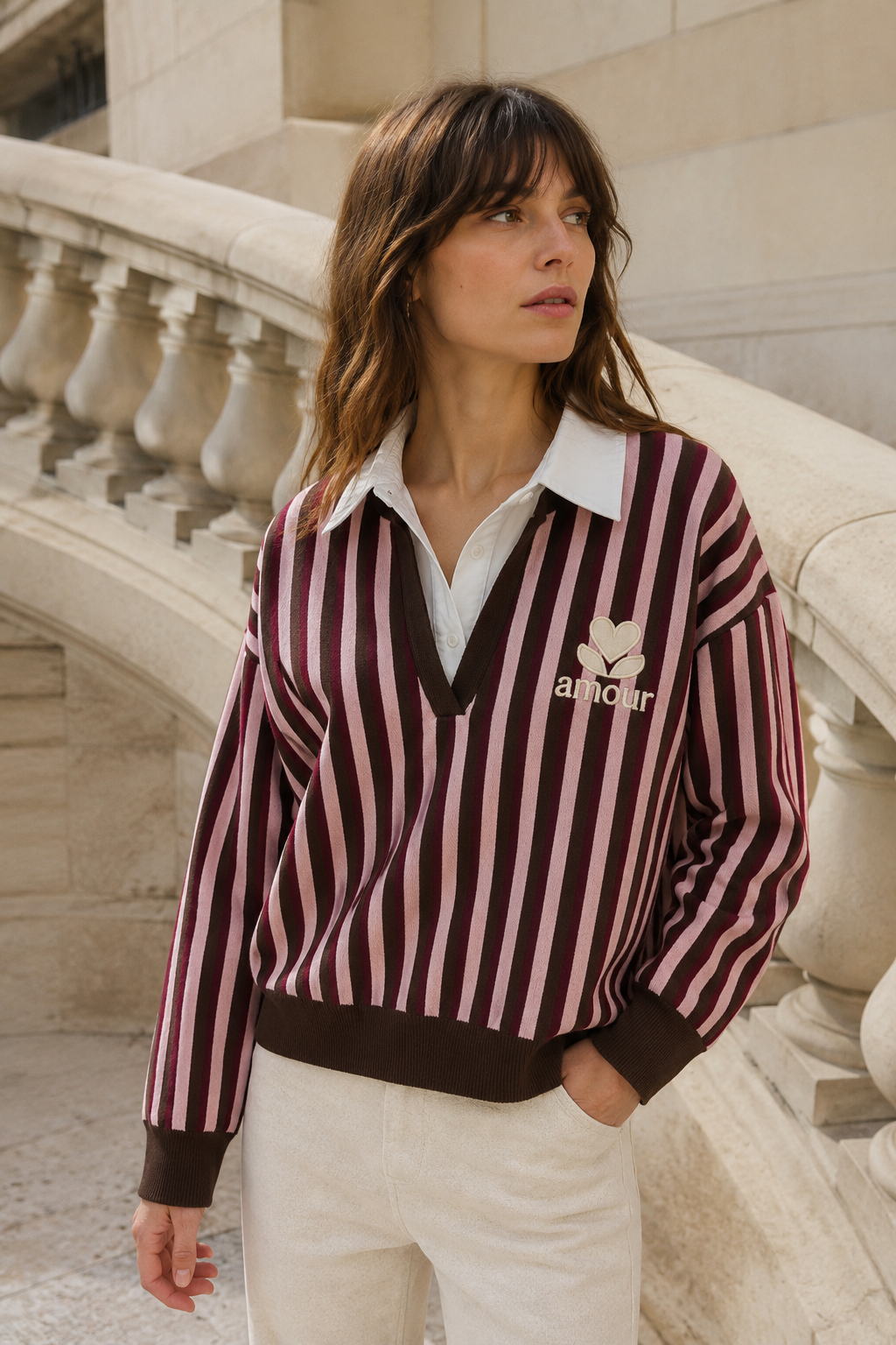 Pull rugby col chemise rayé