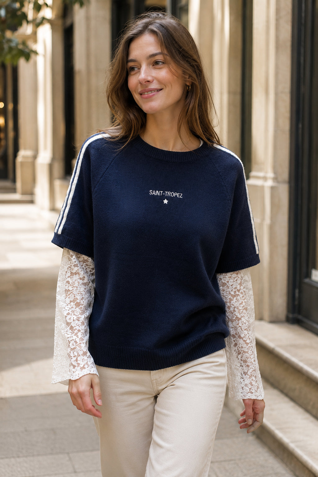 Pull femme superposition dentelle